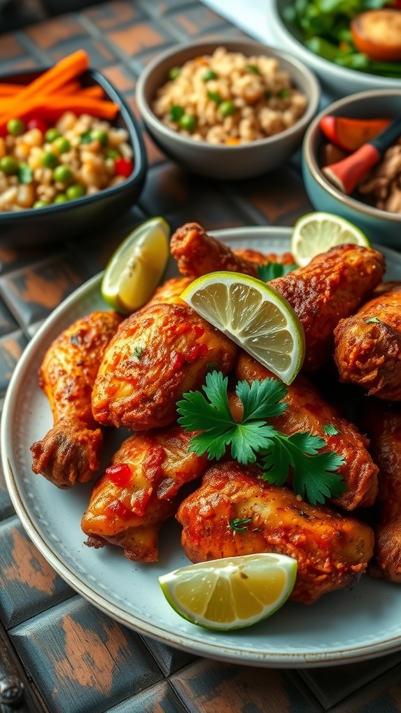 Spicy air fryer jerk chicken with crispy skin, garnished with lime and cilantro, served with Caribbean sides.